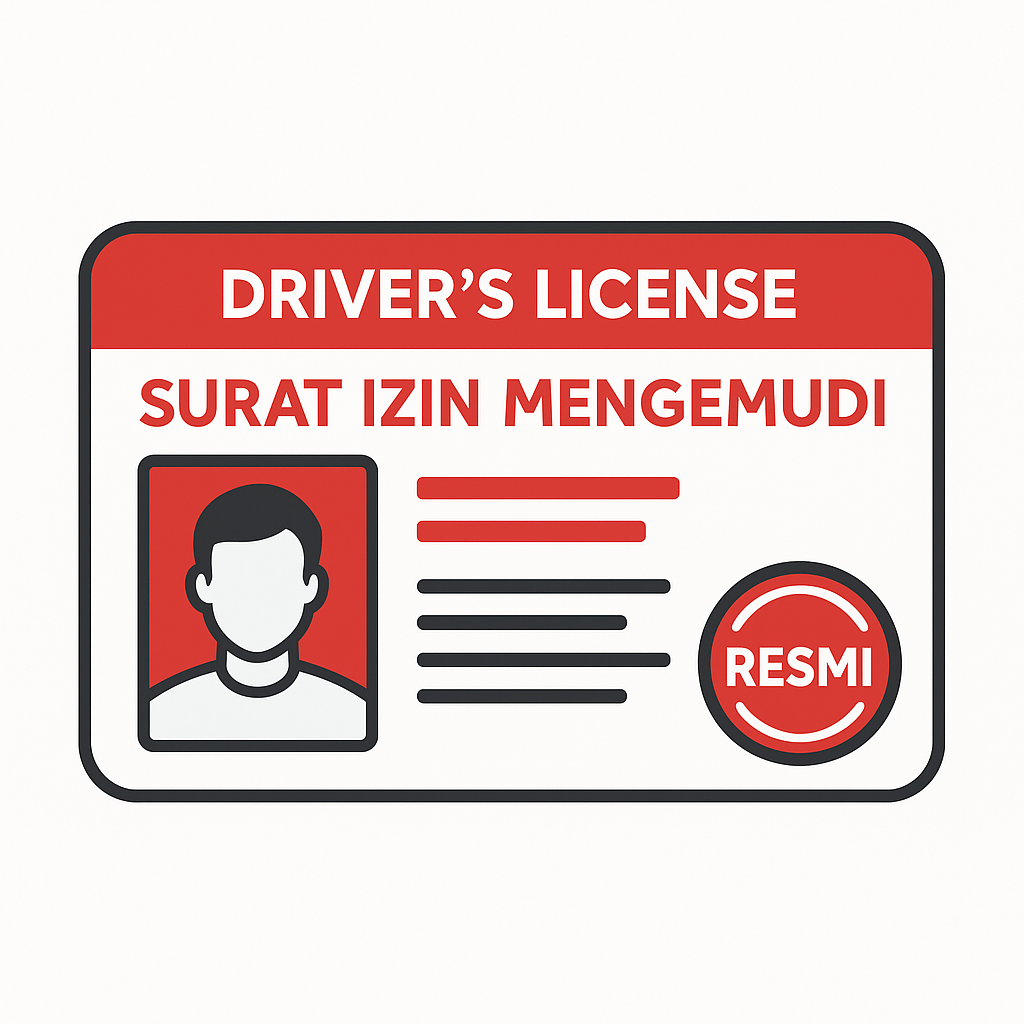 Ilustrasi mockup kartu SIM berwarna biru dan oranye dengan desain modern tanpa logo resmi, menampilkan kartu identitas pengemudi
